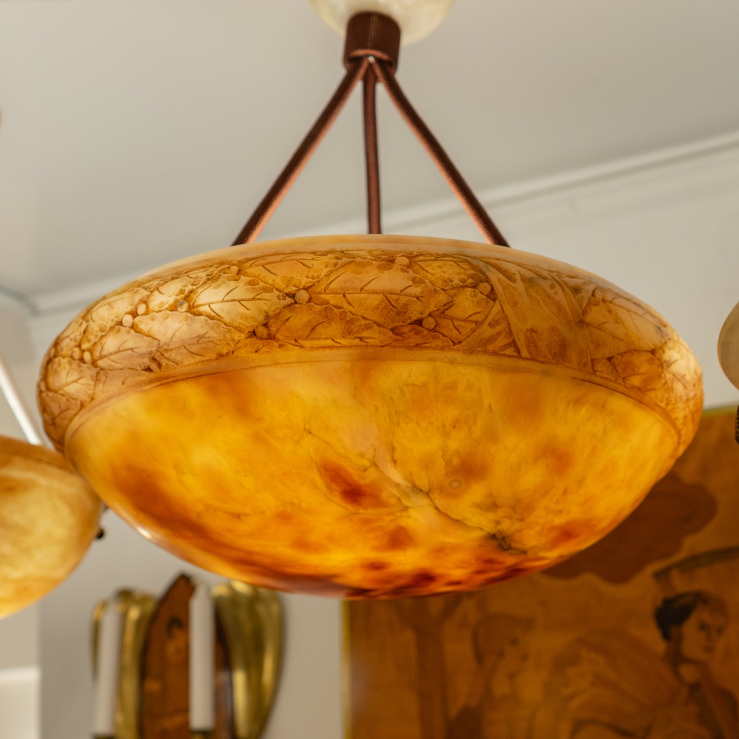 Alabaster Light Fixture with Oak Laurel Motif, Sweden 1900