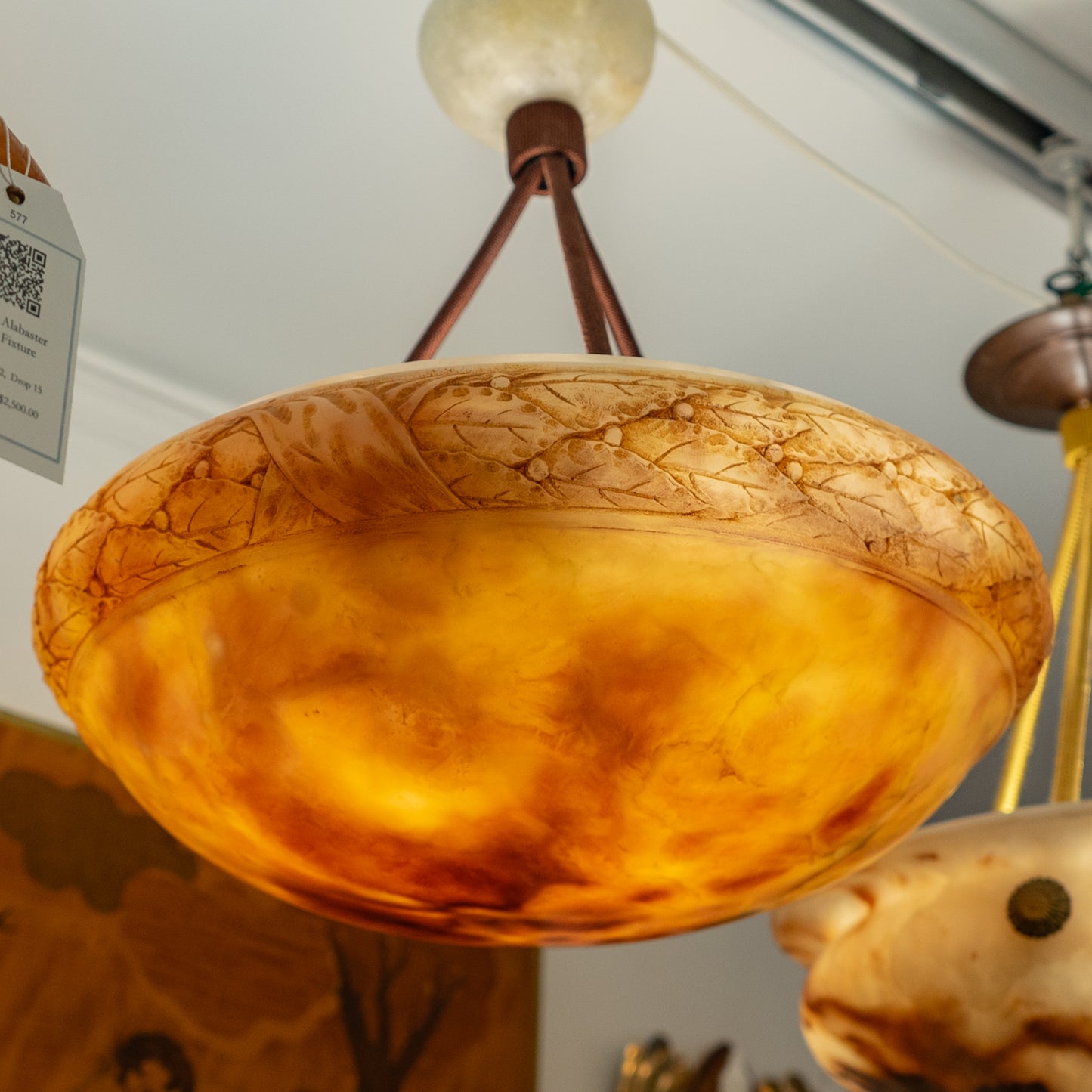 Alabaster Light Fixture with Oak Laurel Motif, Sweden 1900