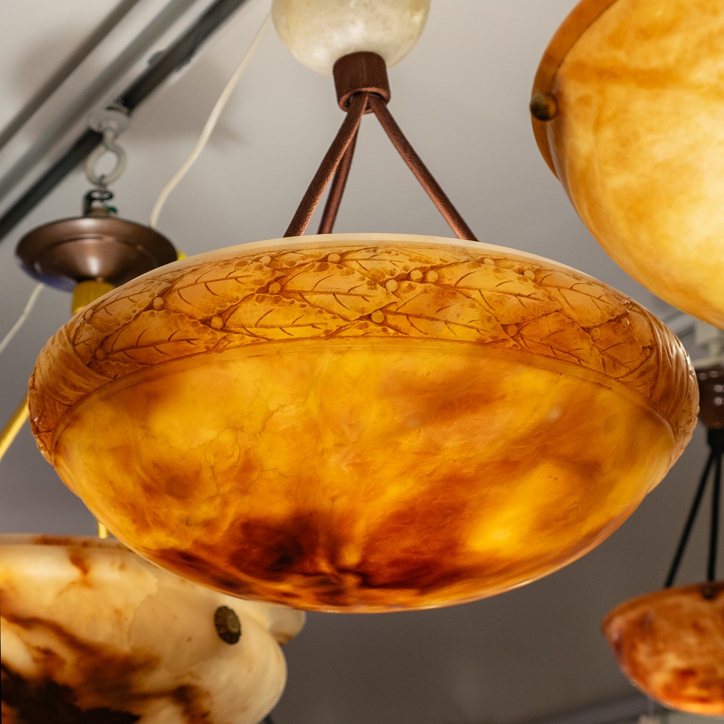 Alabaster Light Fixture with Oak Laurel Motif, Sweden 1900