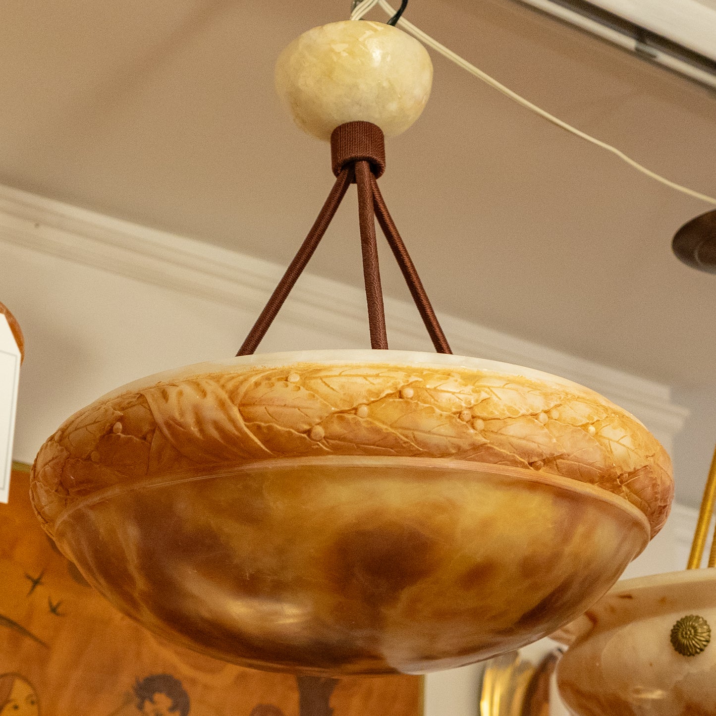 Alabaster Light Fixture with Oak Laurel Motif, Sweden 1900