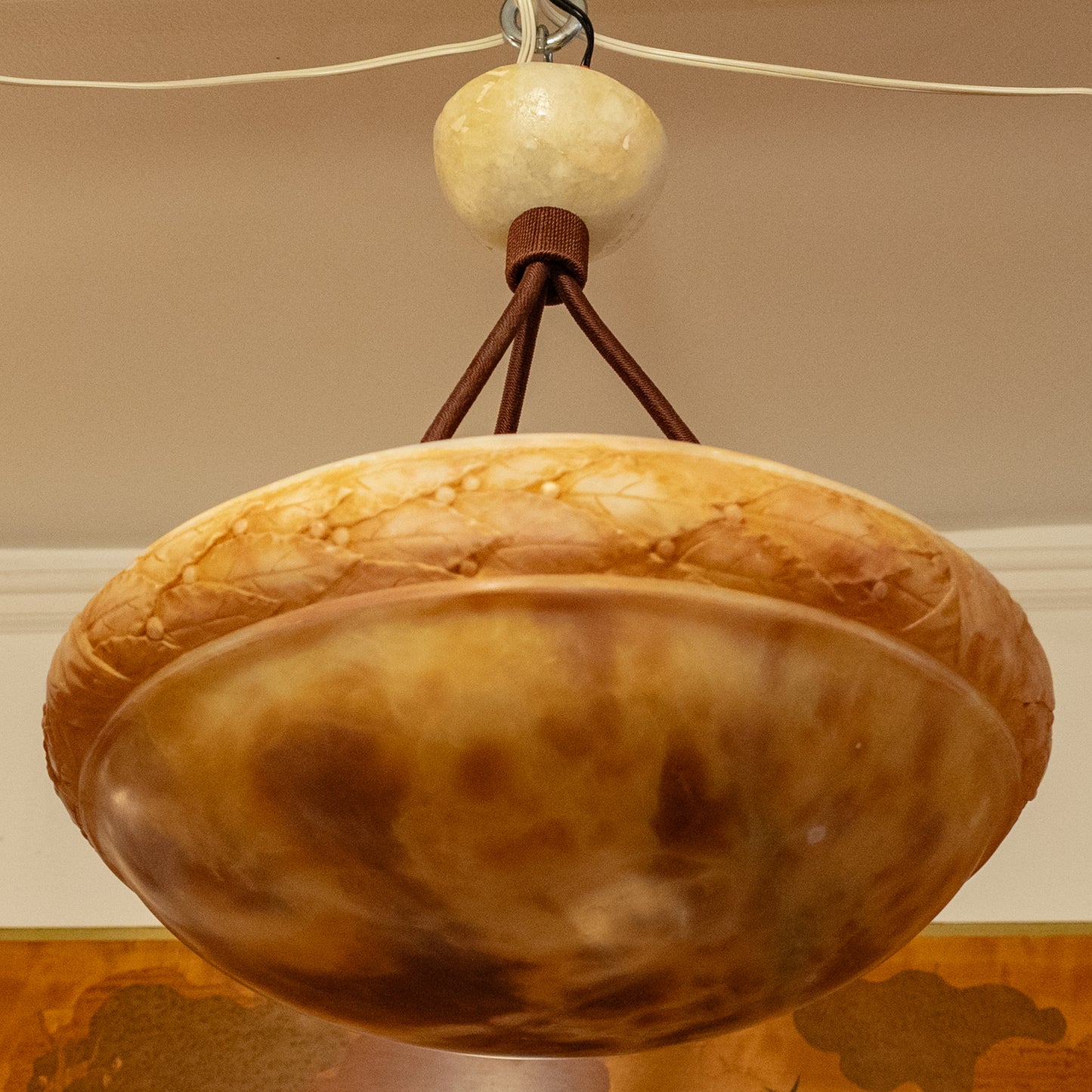 Alabaster Light Fixture with Oak Laurel Motif, Sweden 1900