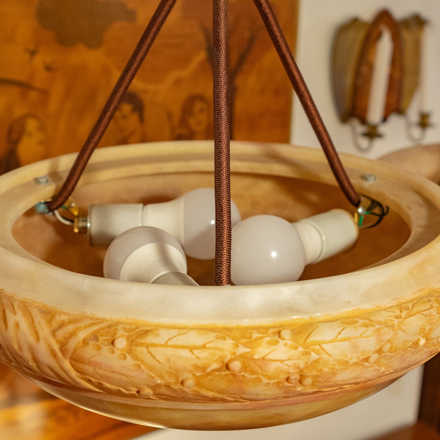 Alabaster Light Fixture with Oak Laurel Motif, Sweden 1900