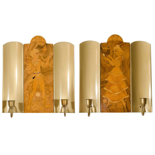 Mjolby Intarsia Sconces , Sweden 1925
